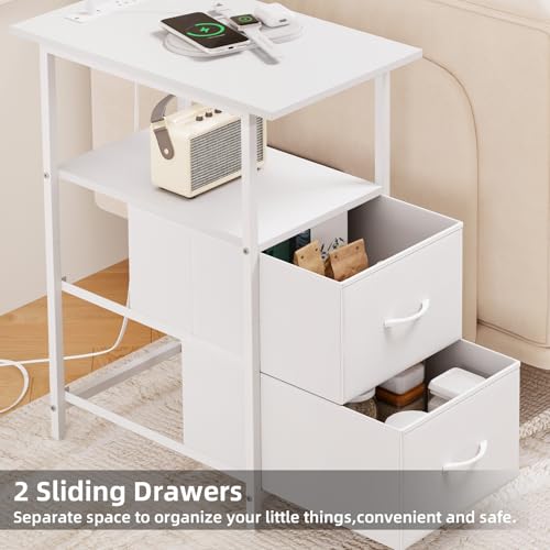 End Table with Charging Station, Narrow Side Table with 2 Fabric Drawers, Skinny Nightstand with Storage, Small Slim Bedside Table for Living Room, Sofa, Bedroom, Couch, White Leather