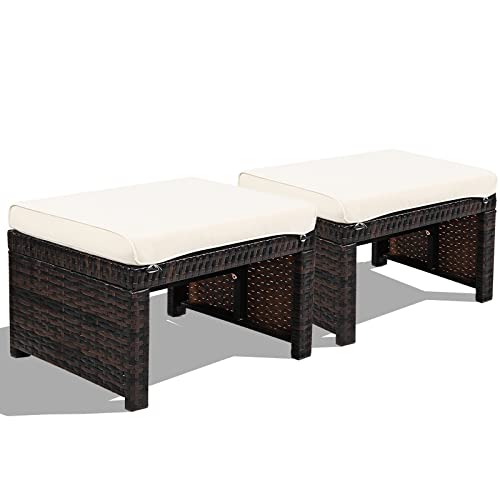 Set of two outdoor wicker ottomans with cushions and steel frame, view 2