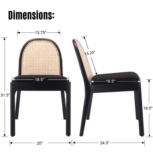 Modern Sherpa Dining Chairs Set of 6, Natural Woven Rattan Cane Back Side Chairs with Solid Wood Legs Mid Century Dinner Chairs for Kitchen Living Room, Black