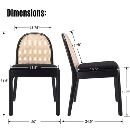 Modern Sherpa Dining Chairs Set of 6, Natural Woven Rattan Cane Back Side Chairs with Solid Wood Legs Mid Century Dinner Chairs for Kitchen Living Room, Black