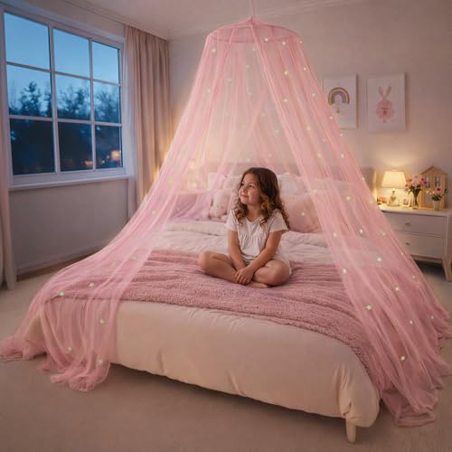 Pink Bed Canopy for Girls with Glowing Stars, Premium Canopy Bed, Fits Single, view 2
