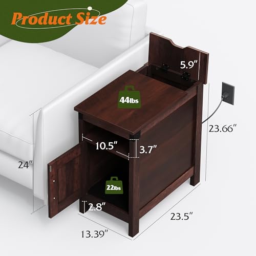 End Table with Charging Station, Narrow Side Table for Living Room, Farmhouse Night Stand with Storage, Small Wooden Nightstand with USB Ports and Outlets for Living Room and Bedroom, Espresso