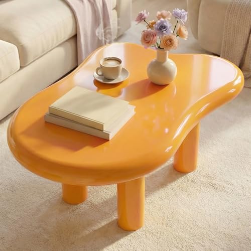 35" Modern Irregular Cloud Coffee Table Yellow Center Desk Minimalist Low Profile Tea Stand Unique Pebble Shape Sofa Side Table for Living Room Bedroom Office Apartment Furniture