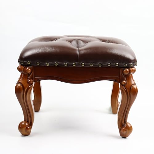 Leather Foot Stool Small,Vintage Ottoman Leather Foot Rest,Wooden Footrest,Upholstered Footstool for Couch/Living Room/Sofa,Cherry (12.6)