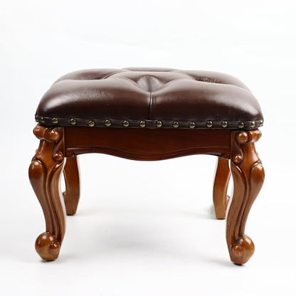 Leather Foot Stool Small,Vintage Ottoman Leather Foot Rest,Wooden Footrest,Upholstered Footstool for Couch/Living Room/Sofa,Cherry (12.6)