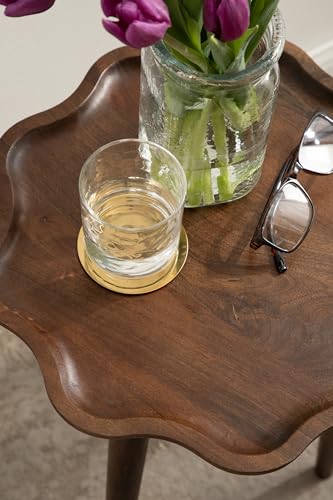 Alezar Modern Wooden Round Side Table, 15 x 15 x 22, Walnut Brown, Mid-Century Solid Wood End Table with Wavy Edge for Bedroom Nightstand or Living Room Accent Table