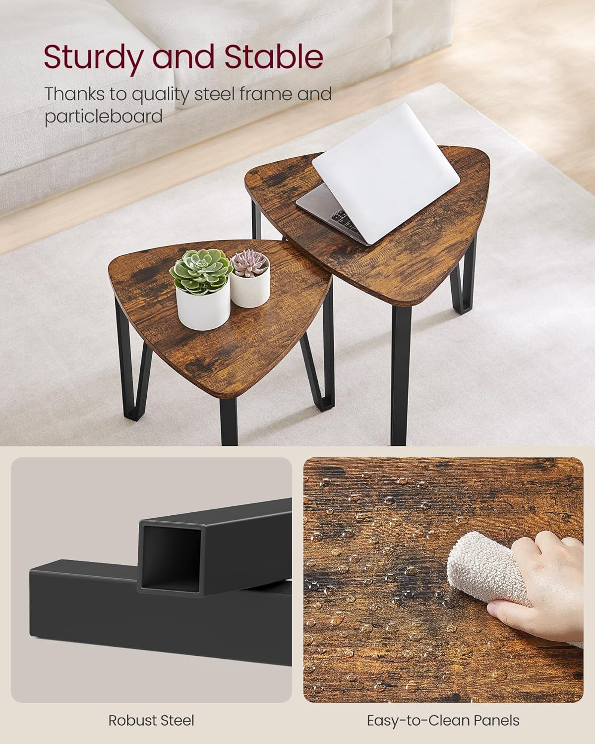 Nesting Coffee Tables, End Tables Set of 2 for Living Room Bedroom, Industrial Small Stacking Side Tables with Metal Frame for Couch, Charcoal Gray and Black ULET013B56