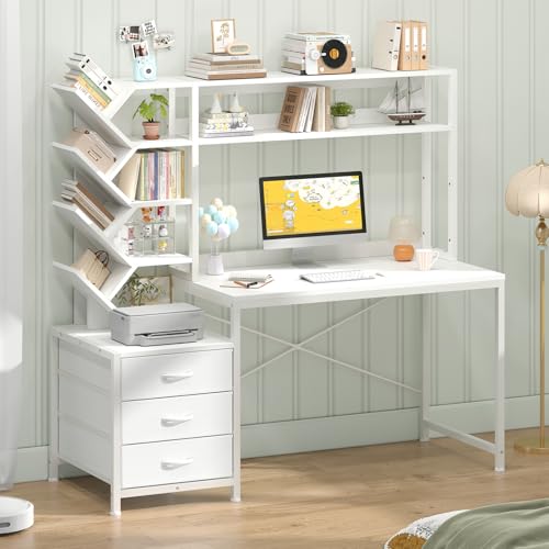 Reversible Computer Desk with Hutch, Home Office Desk with Drawers and Bookshelf, 52'' Study Writing Desk with Storage Shelves for Bedroom Home Office, White