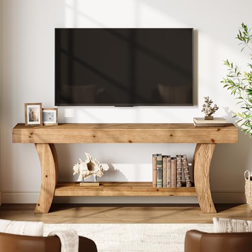 63" Solid Wood TV Stand for 55/60/65/75" TVs, Farmhouse TV Console, Low Entertainment Center with Storage for Living Room, Bedroom