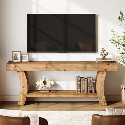 63" Solid Wood TV Stand for 55/60/65/75" TVs, Farmhouse TV Console, Low Entertainment Center with Storage for Living Room, Bedroom