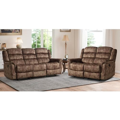2 Pieces Reclining Couch Furniture Set, Overstuffed Reclining Loveseat Couch and Wide 3PC Bonded Recliner Sofa Set for Living Room, Brown