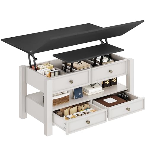 Lift Top Coffee Table, Multi-Functional Convertible Coffee Table with Drawers and Hidden Storage, Dining Table for Living Room, Home Office