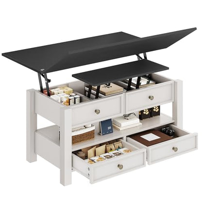 Lift Top Coffee Table, Multi-Functional Convertible Coffee Table with Drawers and Hidden Storage, Dining Table for Living Room, Home Office