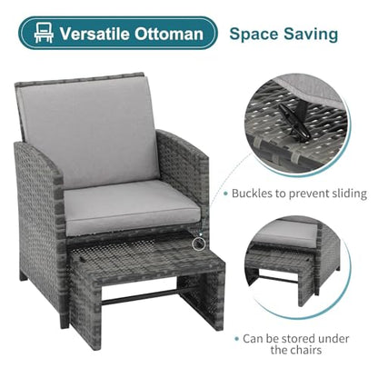 5 Piece Patio Furniture Set, Wicker Outdoor Conversation Chair and Ottoman Set with Coffee Table, Pillows Included, for Balcony, Porch, Deck, Light Grey