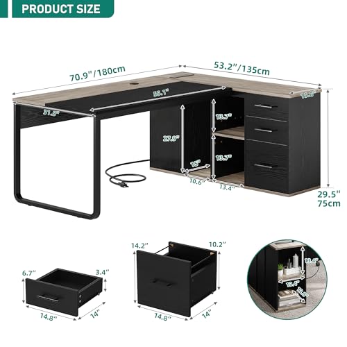 71" Executive Desk with Power Outlets, L Shaped Executive Desk with File Cabinet, Computer Desk with Drawers & Storage Shelves, Corner Office Desk with Bookshelf for Home Office, Grey + Black