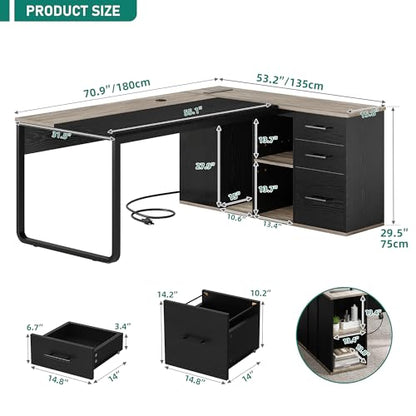 71" Executive Desk with Power Outlets, L Shaped Executive Desk with File Cabinet, Computer Desk with Drawers & Storage Shelves, Corner Office Desk with Bookshelf for Home Office, Grey + Black