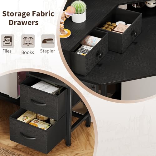 Corner Desk with 6 Drawers Shelves for Small Space Computer Desk with Power Outlets,Gaming Desk with Printer Monitor Stand Storage for Home Office Workstation Writing Table (Black, 31.5)