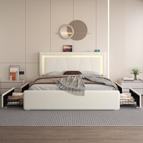 Full Size Bed Frame with 4 Storage Drawers, LED Light, White Upholstered, view 4