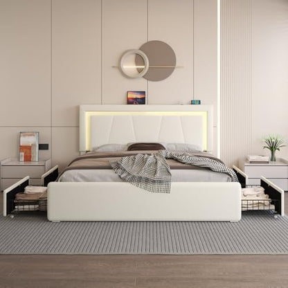 Full Size Bed Frame with 4 Storage Drawers, LED Light, White Upholstered, view 4