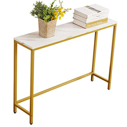 Small Console Table for Entryway, Faux Marble MDF Sofa Table with Golden Frame, Single Layer, White Marble, 9.45" D x 38.19" W x 30" H