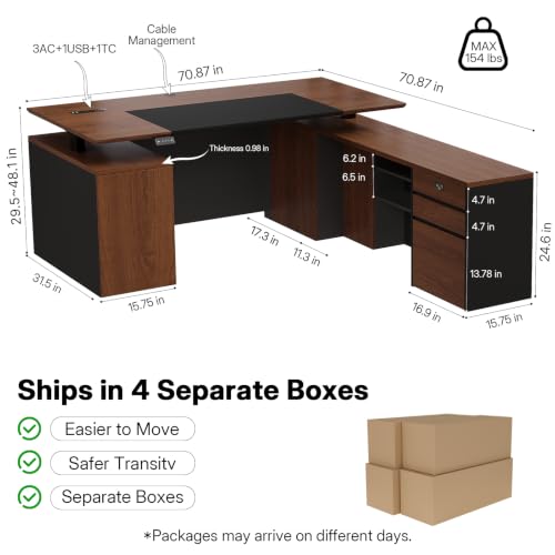 71" L Shaped Executive Standing Desk with File Cabinet, Power Outlet & USB, view 3