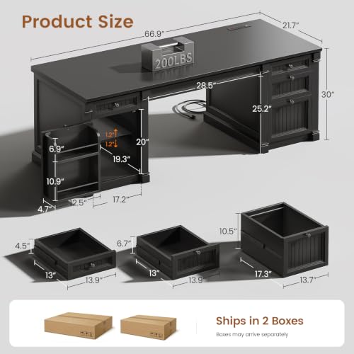 67" Office Executive Desk with 4 Drawers, Storage Cabinet & Outlet, view 3