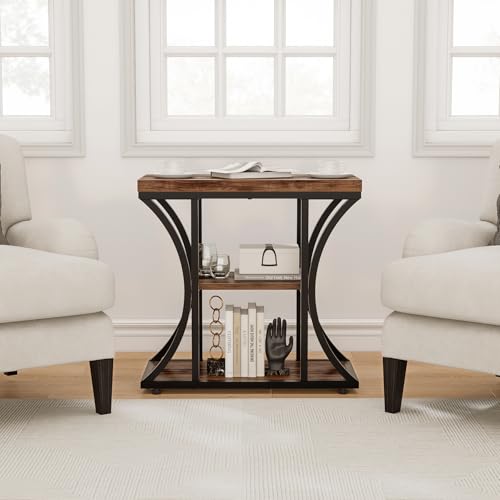 3 Tier End Table with Storage, Narrow End Table for Living Room and Bedroom, Small Space Wood and Metal Side Table, Rustic Brown