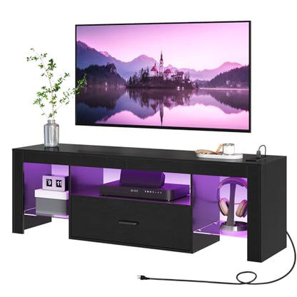 LED TV Stand with Power Outlets to 65 inch TV, Gaming Entertainment Center with Glass Shelves and Large Drawer, Modern Media TV Console Table for Living Room Bedroom, Black BB14UDDS01G1