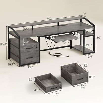 63" Computer Desk, Office Desk with Lockable Drawers for Legal/Letter File, Gaming Desk with LED Lights & Power Outlet, Home Office Desks with Storage, Grey
