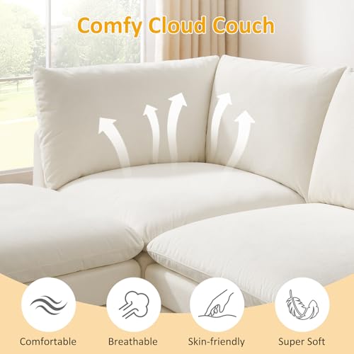 98" Cloud Modular Sectional Sofa Couches for Living Room, Oversized Modern Sleeper Sofa with Deep Seat Double-Layer Thick Cushion Ottoman, Convertible Upholstered Sofa Set, Ivory White