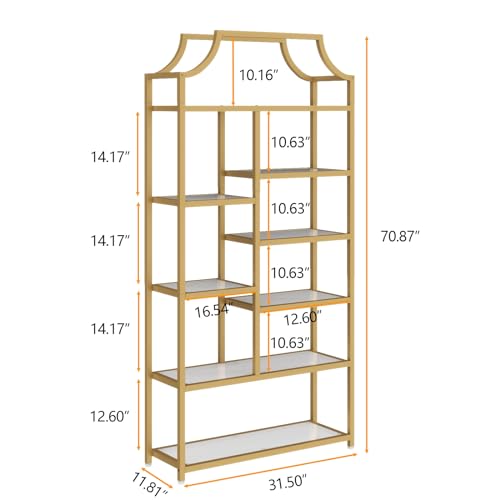 8-Open Shelf Bookshelf, 70.87" H x 31.5" L Lux Etagere, Tempered Glass Bookcase, Tall Storage Display Modern Open Book Case for Bedroom, Home Office & Living Room, Gold Finish & Glass Shelving