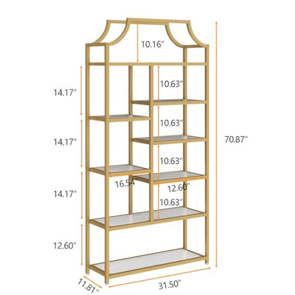8-Open Shelf Bookshelf, 70.87" H x 31.5" L Lux Etagere, Tempered Glass Bookcase, Tall Storage Display Modern Open Book Case for Bedroom, Home Office & Living Room, Gold Finish & Glass Shelving