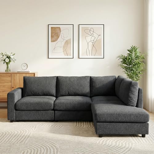 100" L-Shaped Sectional Couch with Reversible Deep Chaise, Grey | Comfy Chenille Modular Sectional Sofa, 4-Seater Corner Couch for Living Room, Apartment, Home Theater, Removable Covers