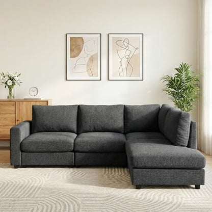 100" L-Shaped Sectional Couch with Reversible Deep Chaise, Grey | Comfy Chenille Modular Sectional Sofa, 4-Seater Corner Couch for Living Room, Apartment, Home Theater, Removable Covers