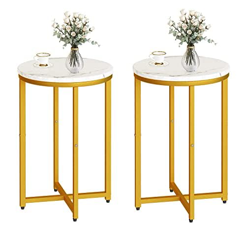 Modern Gold Side Table Set of 2, Small Coffee Table Round End Table with Gold Frame, Faux Marble Side Table Bedside Table for Living Room, Bedroom, Small Space, 16" D*24" H