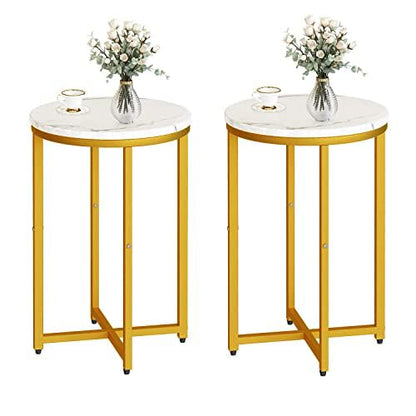 Modern Gold Side Table Set of 2, Small Coffee Table Round End Table with Gold Frame, Faux Marble Side Table Bedside Table for Living Room, Bedroom, Small Space, 16" D*24" H