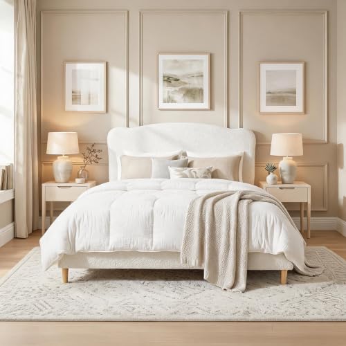 Queen Size Bed Frame with Upholstered Headboard, Beige, view 4