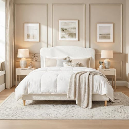 Queen Size Bed Frame with Upholstered Headboard, Beige, view 4