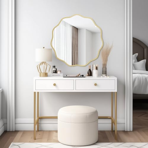Round Wavy Mirror for Wall Decorative 24 inch, Modern Round Mirror Aluminum Frame for Bathroom Bedroom Living Room Home House Office Entryway, Gold