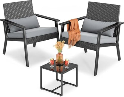 3-Piece Wicker Small Outdoor Patio Furniture Set with Glass Table for Balcony, Porch, and Garden (Gray)