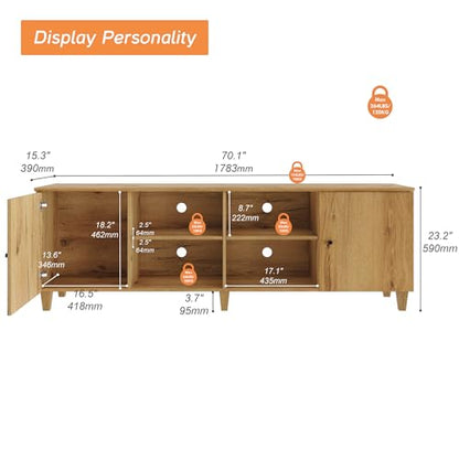 TV Stand for 75+ Inch TV, 70 inch Mid-Century Modern Wood Entertainment Center with Door, Wide Media Console Table with Adjustable Storage Shelves for Living Room, Bedroom, Oak Brown