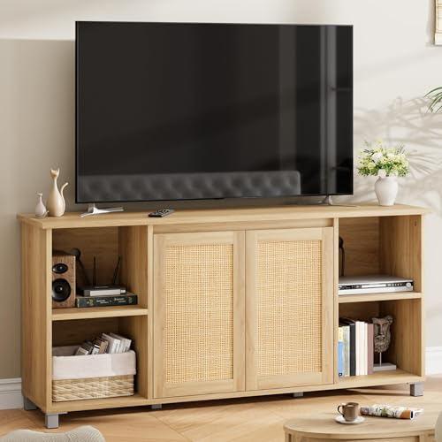 Rattan TV Stand for 65" TVs, Natural Oak Media Console, view 5