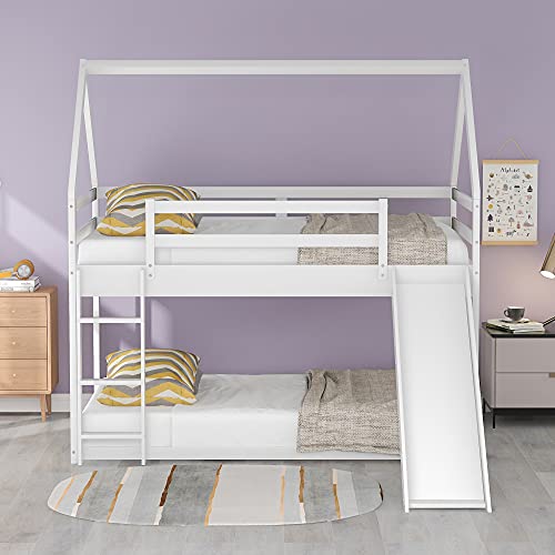 House Bed Bunk Beds with Slide, Wood Bunk Beds with Roof and Guardrail Twin Over Twin Bunk Bed for Kids, Toddlers, No Box Spring Needed (New, White)