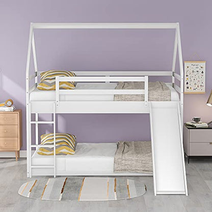House Bed Bunk Beds with Slide, Wood Bunk Beds with Roof and Guardrail Twin Over Twin Bunk Bed for Kids, Toddlers, No Box Spring Needed (New, White)