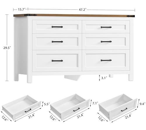 47.2" Dresser for Bedroom, White 6 Drawer Dresser with Metal Handles, view 3