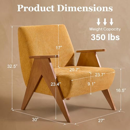 Accent Chair, Upholstered Living Room Chair, Arm Chair with Solid Wood Legs, Mid Century Modern Chair for Bedroom, Living Room, Apartment (Yellow)
