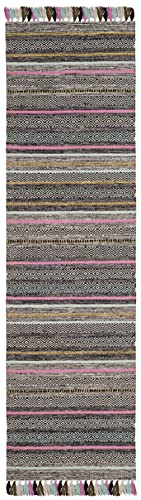 SAFAVIEH Montauk Collection Runner Rug - 2'3" x 8', Black & Multi, Handmade Boho Stripe Fringe Cotton, Ideal for High Traffic Areas in Living Room, Bedroom (MTK901B)