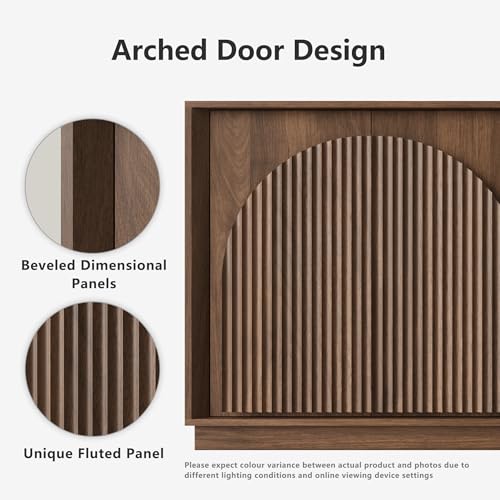 Fluted Sideboard Buffet Cabinet with Storage, 65" Mid Century Modern Accent Cabinet with Double-Layered Arch Doors,Wood Media TV Console Table Credenza for Living Dining Room Entryway,Walnut
