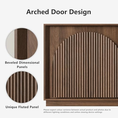 Fluted Sideboard Buffet Cabinet with Storage, 65" Mid Century Modern Accent Cabinet with Double-Layered Arch Doors,Wood Media TV Console Table Credenza for Living Dining Room Entryway,Walnut