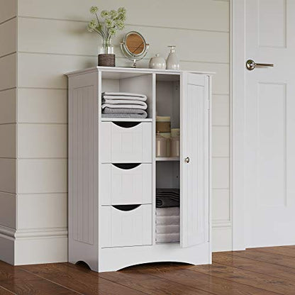 Ashland Bathroom Storage Cabinet with 3 Drawers, Adjustable Shelf & Beadboard Styling - White Bathroom organizer - Freestanding Storage Cabinet